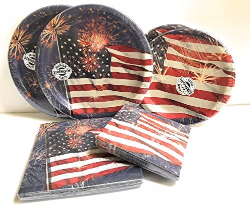 USA Flag With Fireworks Theme Paper Plates and Napkins Set - Very Cute and Durable Patriotic Set of 32 paper plates and 32 napkins Featuring USA Flag Theme - GREAT VALUE