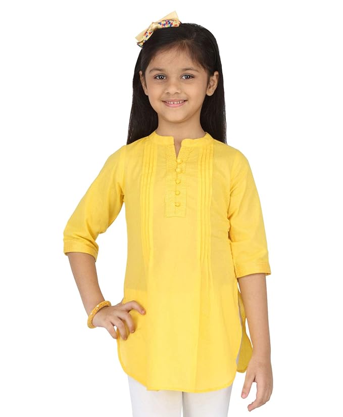 By FBB Girl's Yellow Solid Pin Tuck Kurti (9-10 Years)