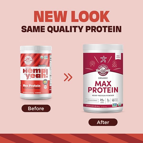MANITOBA HARVEST HEMP YEAH ORGANIC MAX PROTEIN POWDER, UNSWEETENED, 16OZ, WITH 20G PROTEIN AND 4.5G OMEGAS 3&6 PER SERVING, KETO-FRIENDLY, PRESERVATIVE FREE, NON-GMO, PACKAGING MAY VARY