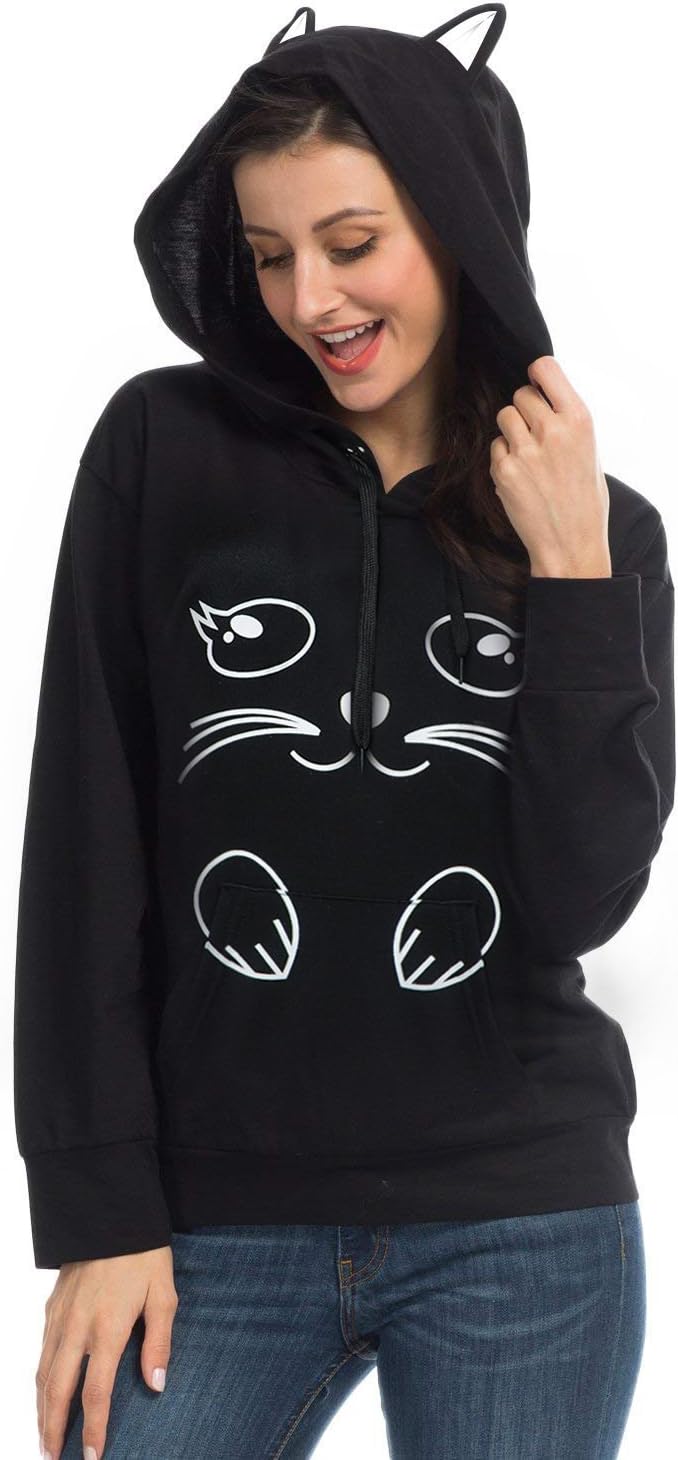 Women's Cat Ear Hoodie Cute Friends Long Sleeve Kangaroo Pouch Hooded Sweatshirts