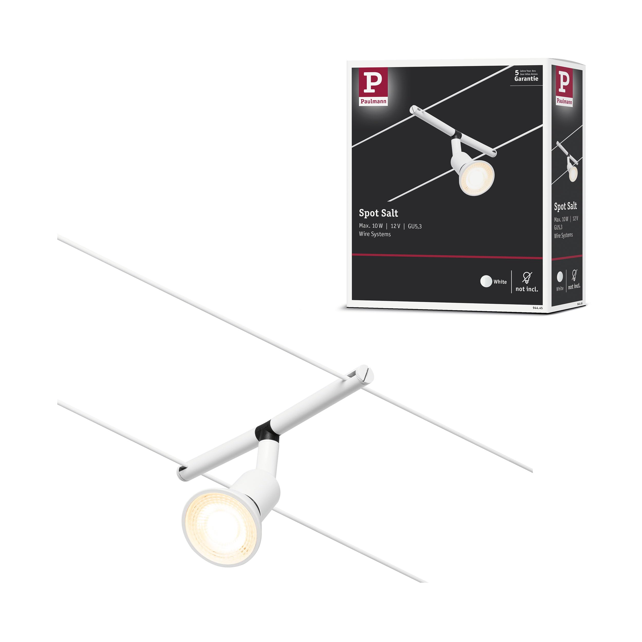 Paulmann 94445 CorDuo Spot Lighting Salt DC, Max 10 Watt Extendable Cable Lamp Matt White Plastic GU5.3 Wire System Without Bulbs