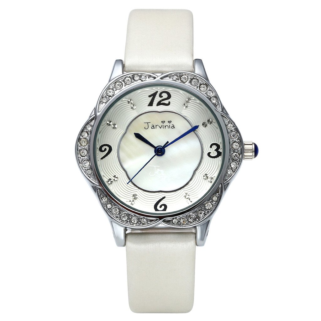 JSDDE Uhren,Elegant Frau Armbanduhr Strass Blume-Form Damenuhr mit Muschel Echtleder Armband Analog Qaurzuhr,Weiss