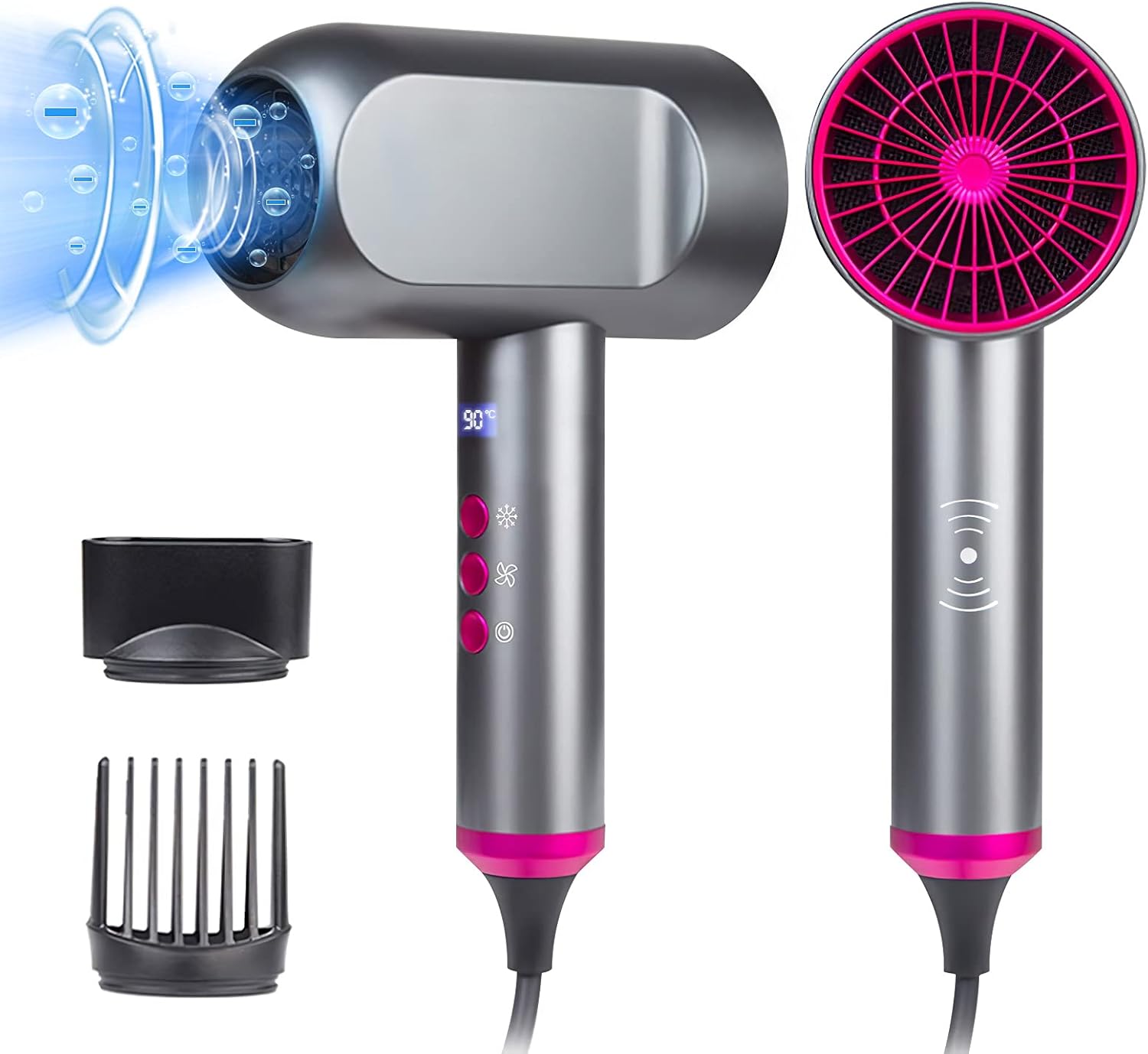 Professional Ionic Travel Hair Dryer, 1600W Smart Induction Blow Dryer, Negative Ion Technolog, 5 Heating/5 Speed/Cold Settings with LED Screen, Contain 2 Nozzles Fast Drying for Woman Men Kids: Health & Personal Care