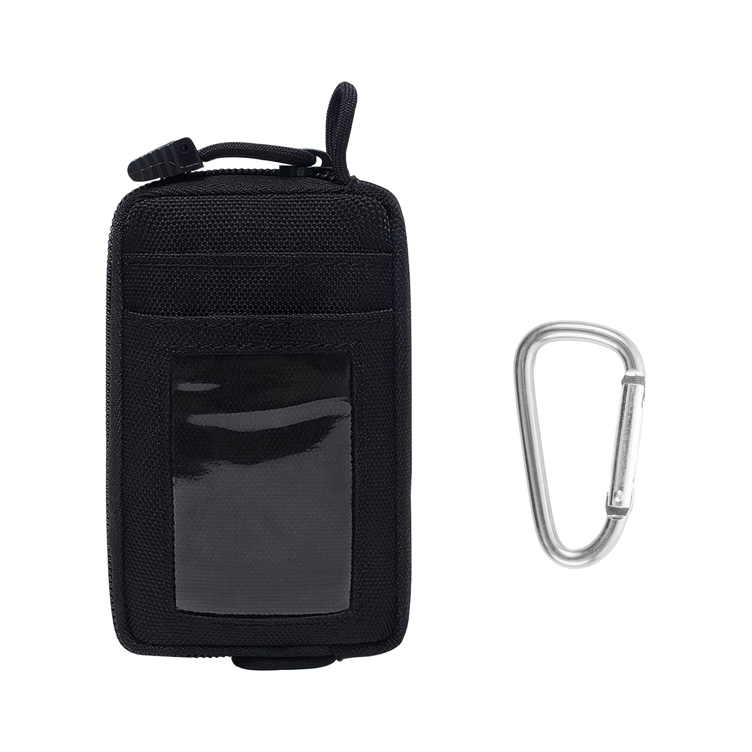 NINVVS 1 Outdoor Multifunctional Waist Bag with 1 Carabiner, Unisex Nylon Sports Bag, Black Casual Wallet, Travel Accessories with Transparent Card Slot, Nylon Black Multifunctional Sports Bag