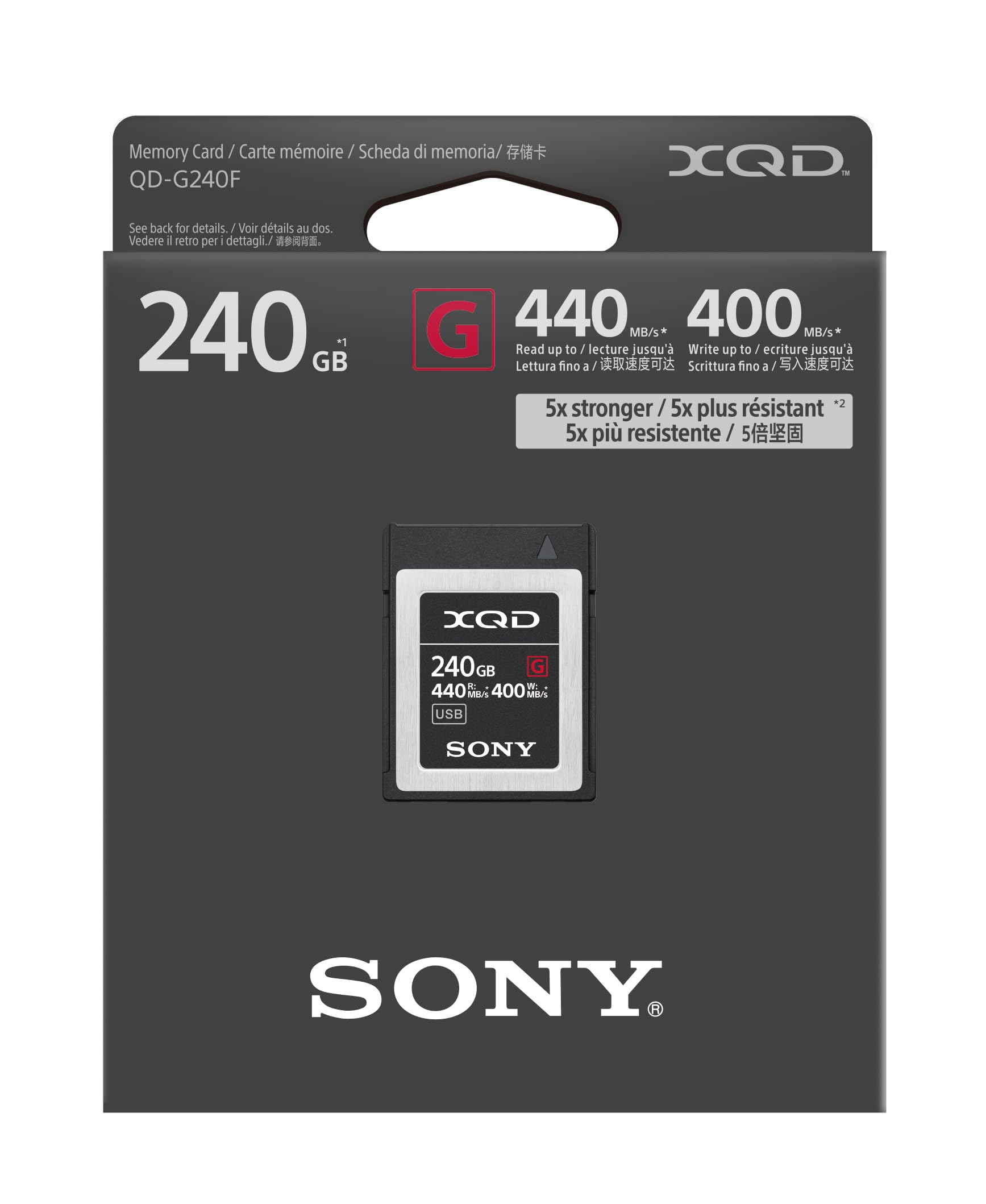 Sony 240GB (256GB pre format) 5x TOUGH XQD Flash Memory Card - High Speed G Series (Read 440MB/s and Write 400MB/s) - QDG250F