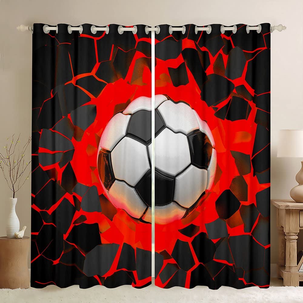 Loussiesd Football Curtain for Bedroom Living Room Kids Sports Darkening Drapes Women Men Red Black Soccer Ball Window Curtains Ball Game Window Treatments W46*L54 — image 1