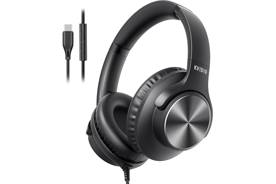 USB C Wired Headphones with Mic, Volume Control, Over-Ear for School, Black | Foldable Plug in Headphones with Volume Control