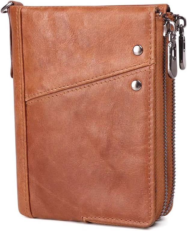 Mens Short Wallets RFID Blocking, Minimalist Genuine Leather Zipper Purse Bifold (Brown Mens Short Wallets)