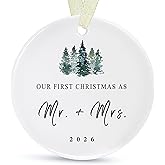 First Christmas as Mr and Mrs Ornament 2026,1st Year Wedding Ornament for Newlywed,Our First Married Christmas Ornament,Ceramic Hanging Decoration for Couples Just Married with Gift Box&Ribbon 2.9"