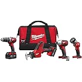 Milwaukee 2695-24 M18 18V Cordless Power Tool Combo Kit with Hammer Drill, Impact Driver, Reciprocating Saw, and Work Light (2 Batteries, Charger, and Tool Case Included)