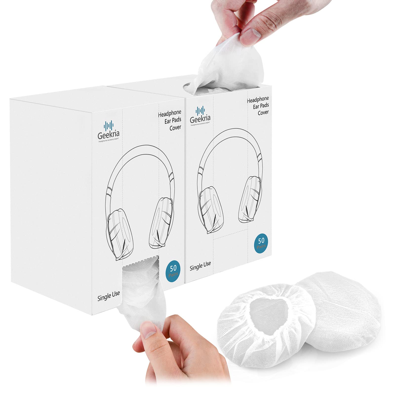 Geekria 100 Pairs Disposable MRI Headset Ear Covers with Dispenser Box, Stretchable Sanitary Ear Pads, Hygienic Cushions for Medium Earpieces (2 Boxes, M, White)