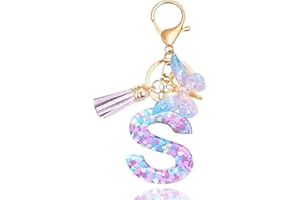 Meefisher Purple-Blue Pink Green Resin Alphabet Initial Letter Keychain Tassel Butterfly Key Ring for Purse Handbag Car Keys