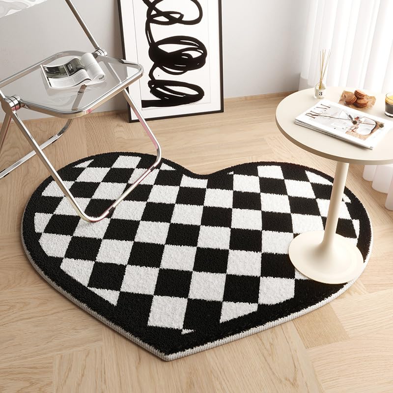 Photo 1 of Retro Black White Checkered Rugs with Heart Shaped Shag Rug for Girls Bedroom 48”x48”, Soft Furry Carpets Chair Mat Non-Slip (Checkered, 48''x48'')