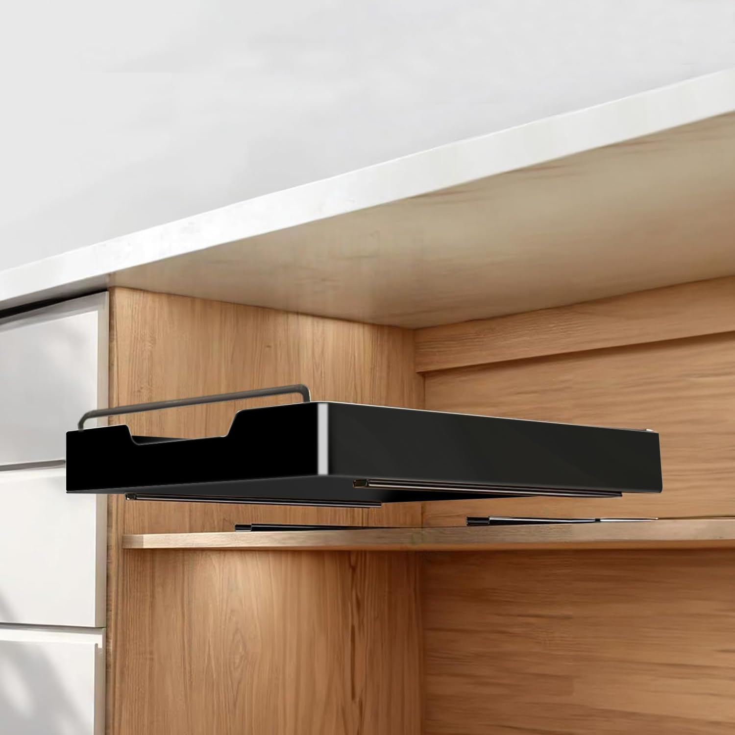 Photo 1 of ??? Pull Out Cabinet Organizer Fixed with Adhesive Nano Film,Peel and Stick Slide Out Drawers for Kitchen Cabinets for Kitchen,Home,16.54" D x 11.81" W x 3.35" H,Black