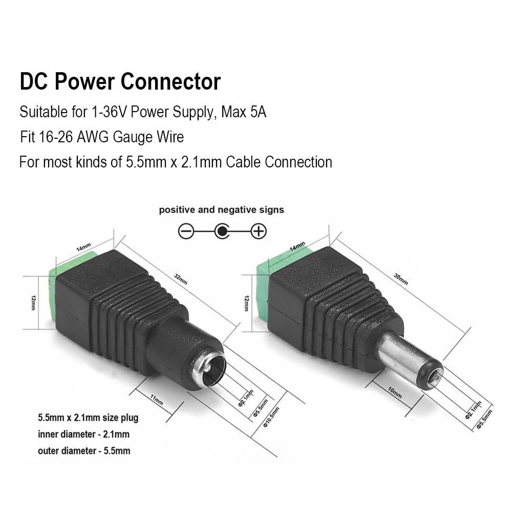 AIMHDUTY DC Power Jack Plug Adapter Barrel Connector 20 Pairs 12V Male and Female 2.1 x 5.5mm for CCTV Security Camera System, LED Strip