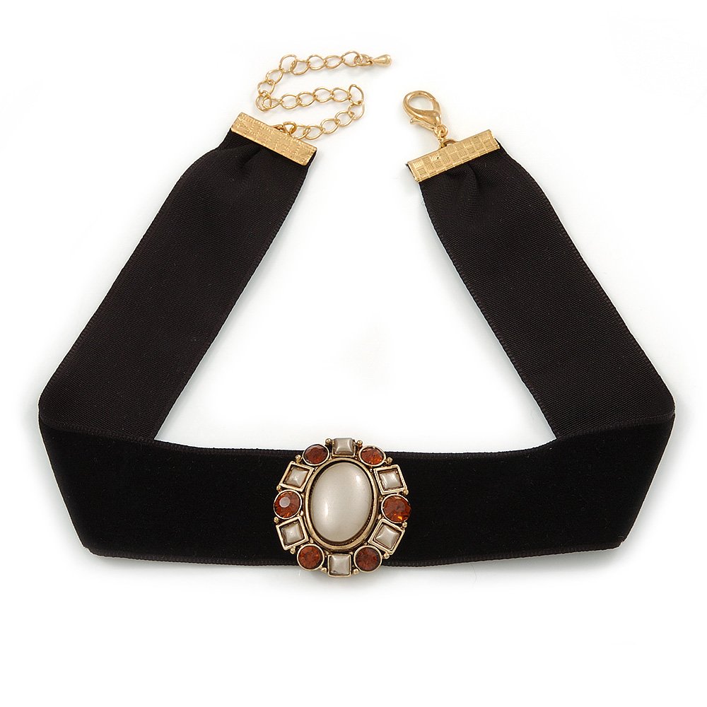 Avalaya Black Velour Ribbon with Crystal Oval Pendant Choker Necklace/32cm L/ 7cm Ext