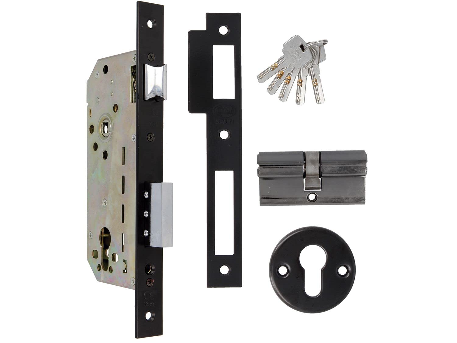 Amig - Mortise Lock with Security Cylinder and Key + 5 Keys - for Wooden Entry Doors - Black Finished Steel - Reversible Handle - for 8mm Handle