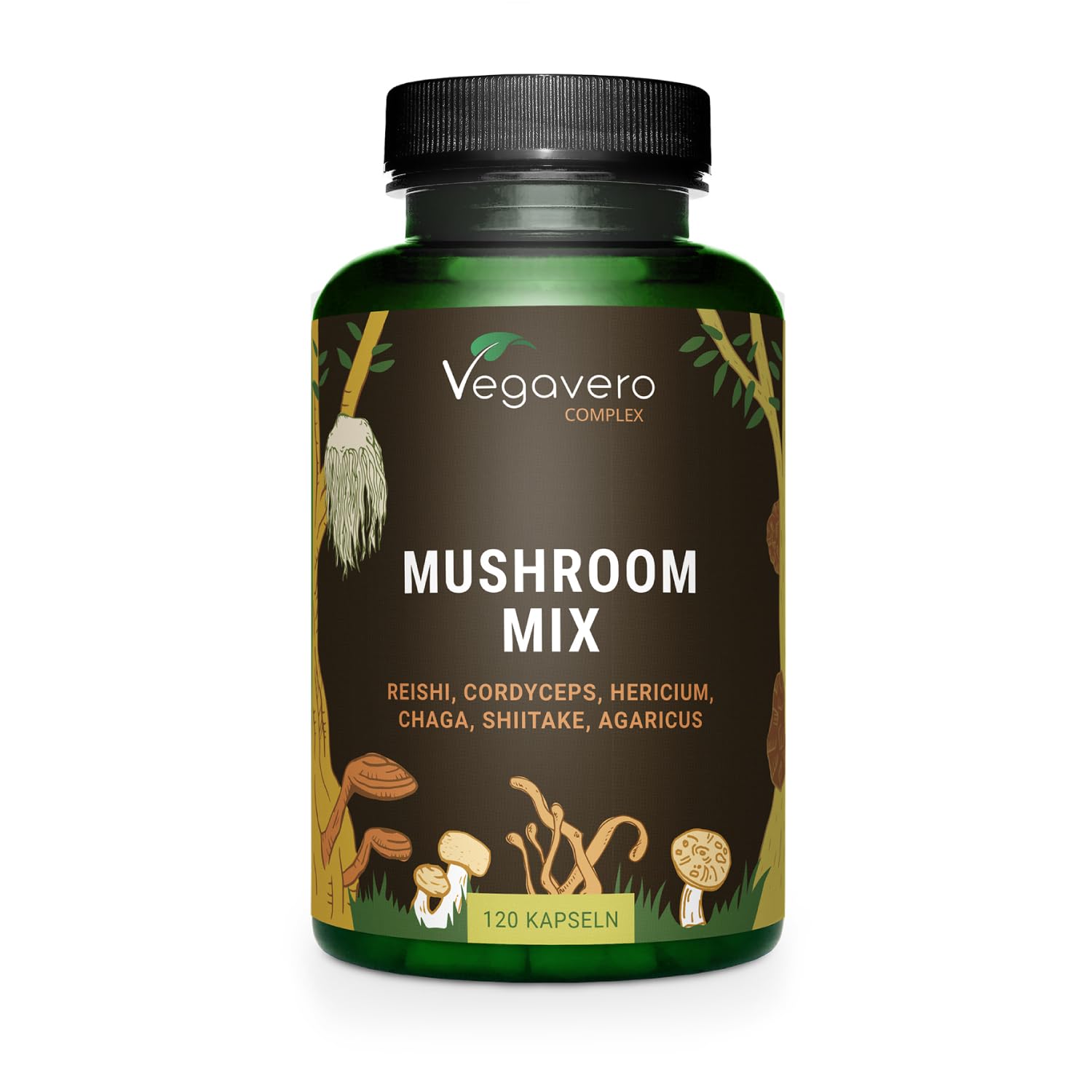 Vegavero Mushroom Complex | High Strength Extracts | Reishi, Cordyceps, Chaga, Lions Mane, Shiitake & Agaricus | NO Additives | 120 Capsules | Vegan