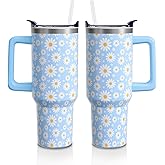 Aokoyi Daisy Floral Gifts Cup for Women Girls, 40oz Tumbler with Handle and Straw, Blue Daisies Flowers Lover Stainless Steel Water Bottle Mug (1PC)