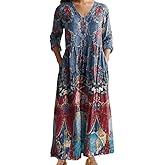 Women's Boho Floral Long Sleeve Maxi Dress Fall Casual Loose Bohemia Vacation Long Tshirt Dress with Pockets