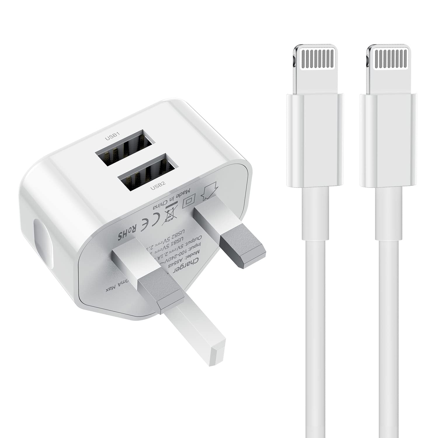 iPhone Fast Charger Plug and Cable, 2.4A iPad Charging UK with 2Pack 1m Lightning Cable Fast Charging Lead for Apple iPhone 14/13/12/11/XR/X/Xs Max/8/7/6/6s Plus/SE/iPad