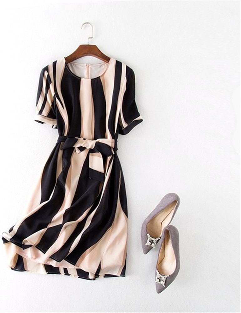 Amazon レディースファッション 100 シルク ワンピース 半袖 ボーダー柄 フォーマル ドレス パーティー 結婚式 通勤 普段着 M ブラック ワンピース チュニック 通販