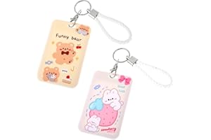 Amabro 2 PCS Kpop Photocard Holder, Cute Cartoon Bear Bunny ID Badge Card Holder PC Holder Kpop Idol Bank Credit Card Case Student Bus Card Pendant Keychain Protective Photo Sleeves