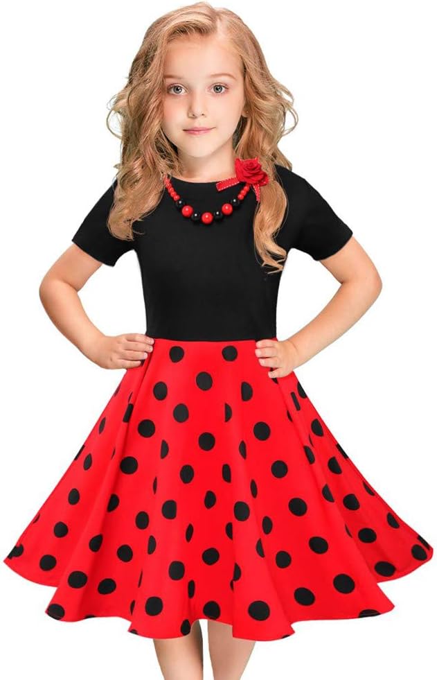 Greenwind Kids Girls Vintage Dress Polka Dot Princess Floral Printed Swing Dresses with Belt