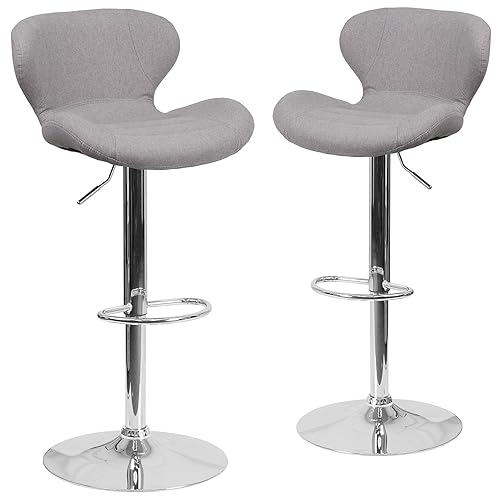 Flash Furniture Denville 2 Pack Contemporary Gray Fabric Adjustable Height Barstool with Curved Back and Chrome Base