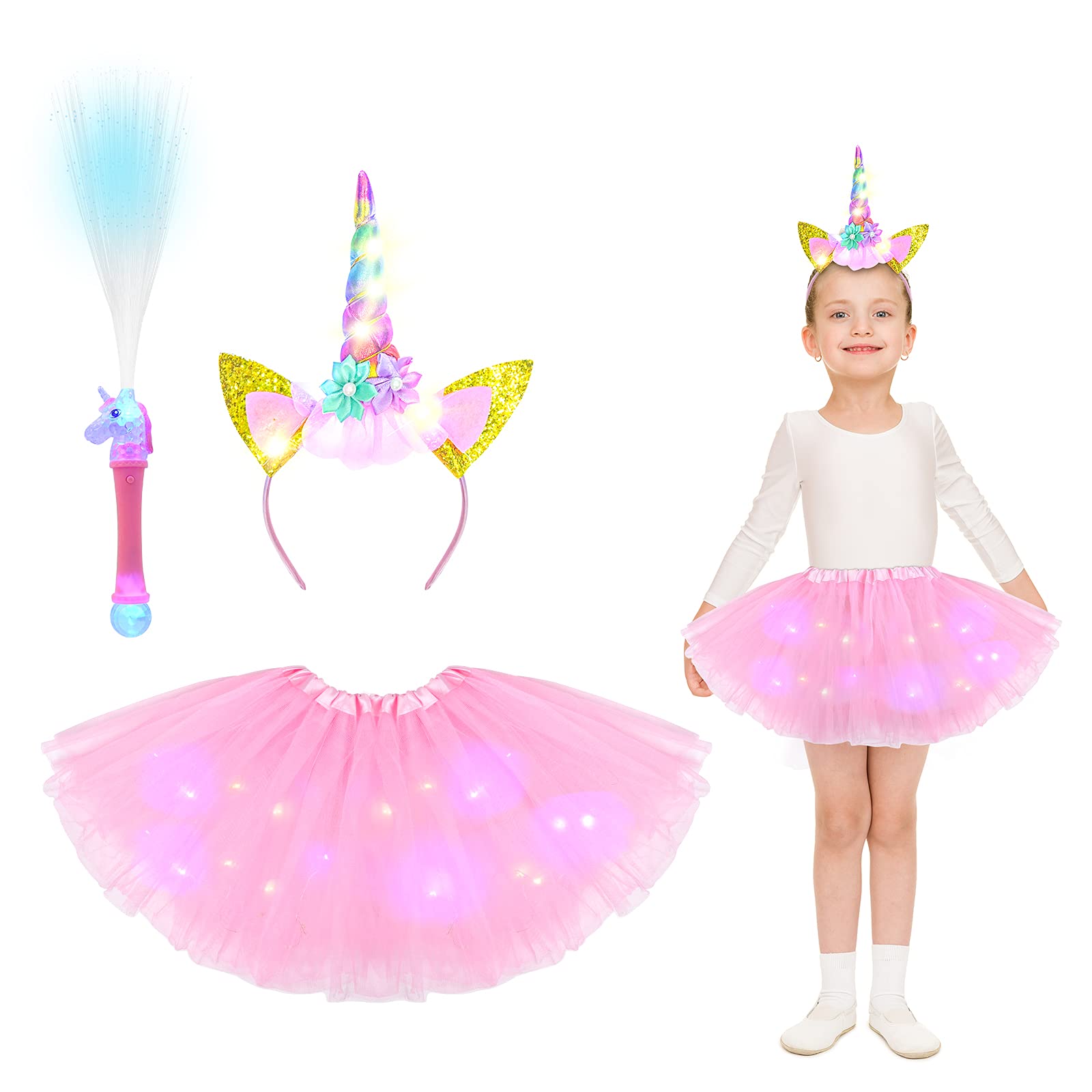 ACWOO Unicorn Costume, LED Light Up Unicorn Dress Princess Fancy Dress Up with Unicorn Headband and Fibre Optic Wand, Girl Fairy Tutu Skirt for Party Cosplay Princess Dress Up (3-10 Years) Pink