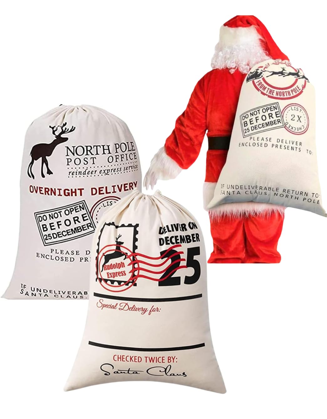 Boolavard Christmas Santa Sack 19.7"x27.6" Large Size Xmas Gift Bag with Drawstring for Storing, Holiday Presents, Stocking Stuffers for Kids & Adults Festive Reusable (2pcs 4 & 5)