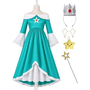 Girls Galaxy Princess Costume Kids Halloween Costumes with Accessories Set | Bell Sleeves Teal Maxi Dress with Star Brooch Cr