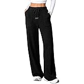 Aleumdr Womens Ribbed Wide Leg Lounge Pants with Pockets Casual Relaxed Comfy Loose Soft Knit Pajama Pants with Drawstring