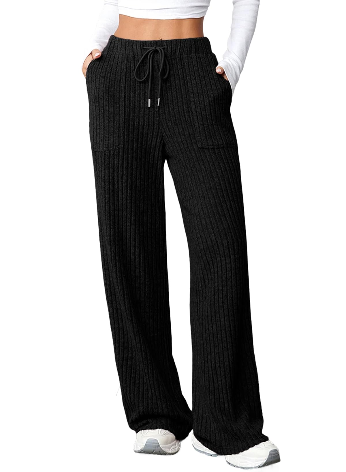 Photo 1 of Aleumdr Women's Ribbed Knit Lounge Pants with Pockets Wide Leg Pajama Pants Comfy Flowy Loose Soft Baggy Relaxed Elastic Waist Casual Pants with Drawstring for 2025 Fall Black XX-Large