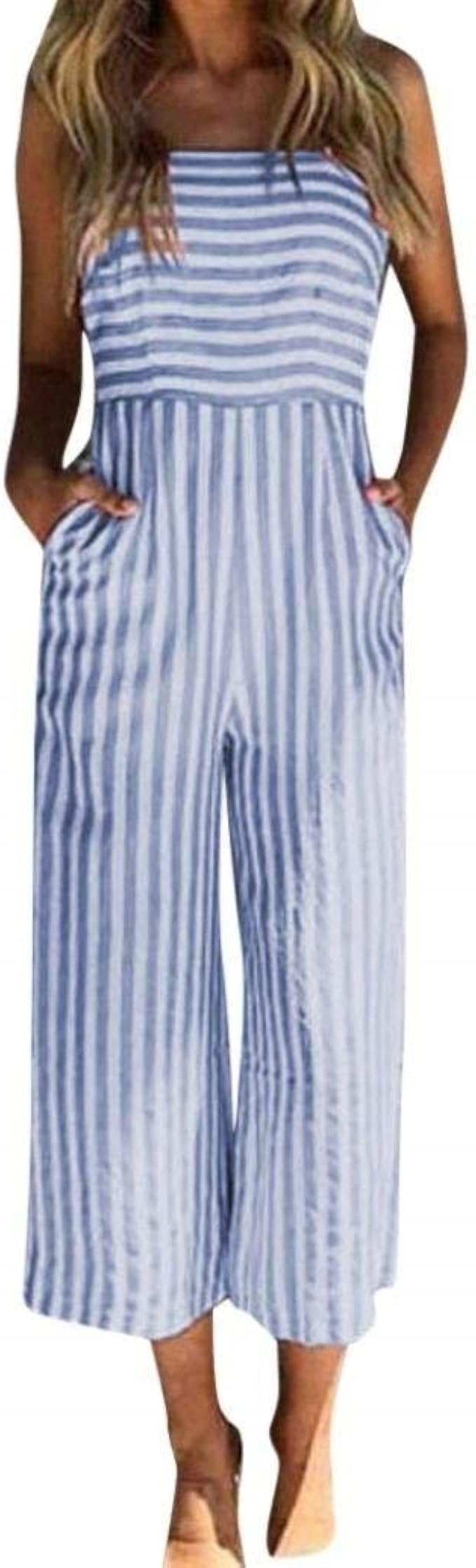 Jumpsuit Damen Sommer Lang Overall Casual Ärmellos Gestreift Apparel