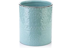 DOWAN Kitchen Utensil Holder, 7.2” Extra Large Farmhouse Utensil Holders for Countertop, Ceramic Utensil Crock, Anti Slip Cork Bottom, Teal Utensil Organizer for Home Décor, Housewarming Wedding Gift