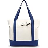 TOPDesign 1-Pack Canvas Tote Bag with an External Pocket, Reusable Grocery Shopping Bag, Top Zipper Closure, Daily Essentials (Blue/Natural)