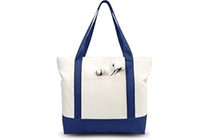 TOPDesign Stylish Canvas Tote Bag with an External Pocket, Top Zipper Closure, Daily Essentials (Blue/Natural)