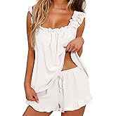 Women Ruffle Shorts Set Y2k Casual Square Neck Sleeveless Tank Top Shorts Cute Loose Fit 2 Piece Bridal Pajama Sets
