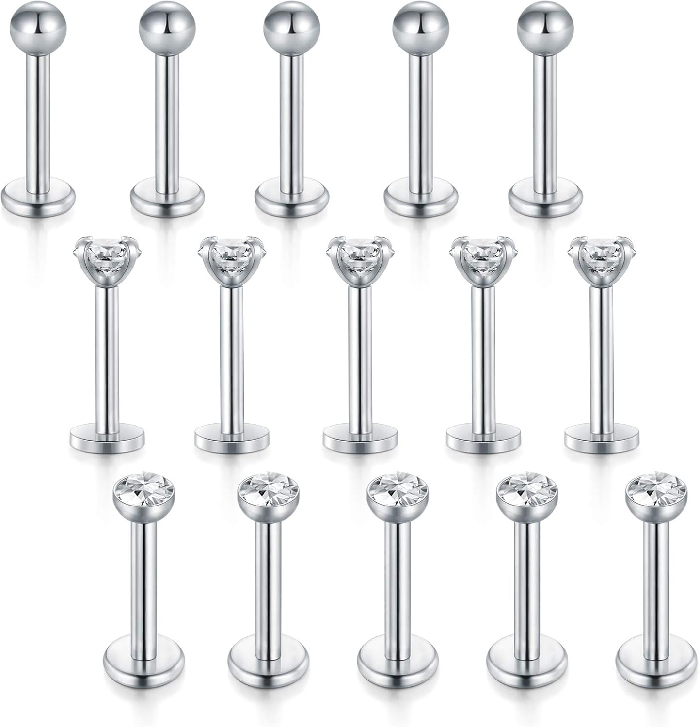 VCMART 15pcs Silver Labret Lip Stud Bars Set 16G Surgical Steel Monroe