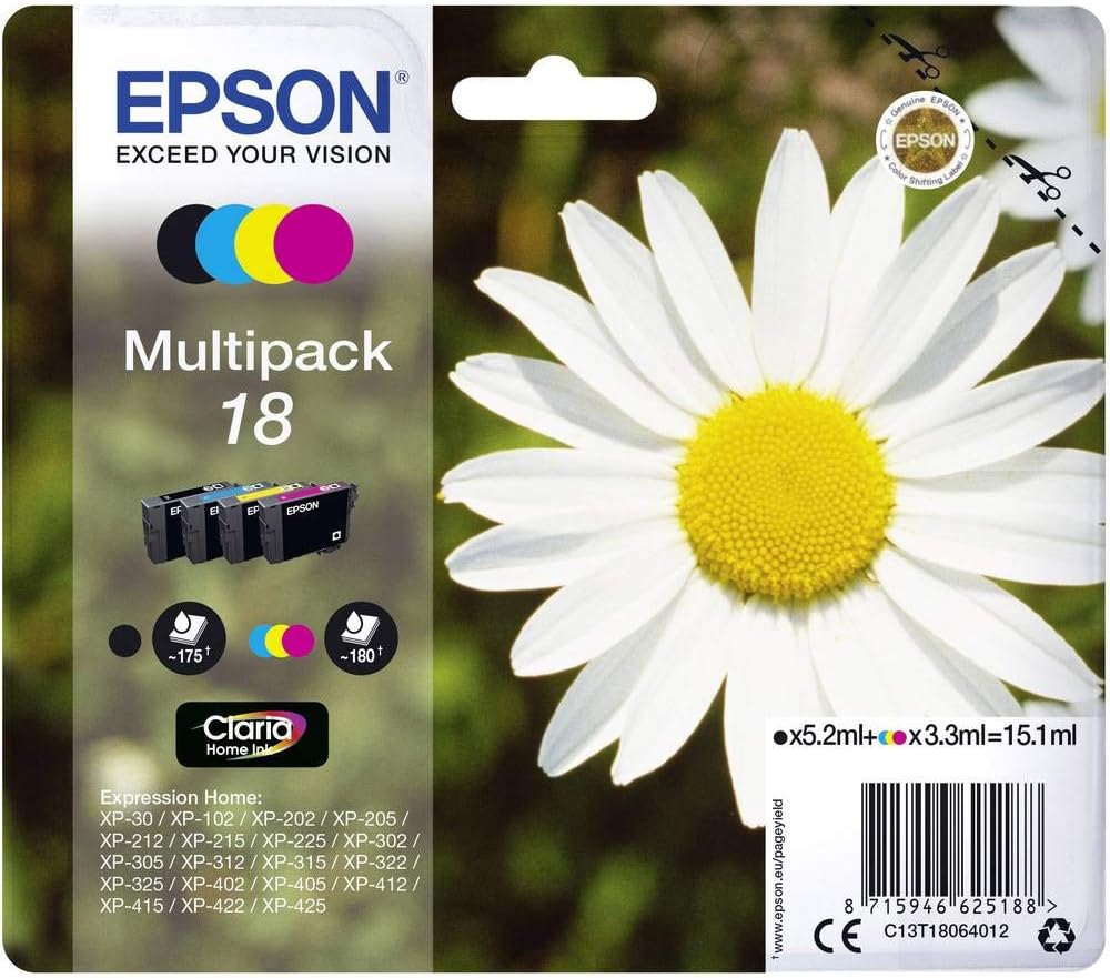 Epson T1806 Multipack Ink Cartridges Black Cyan Magenta Yellow Daisy 18 Series
