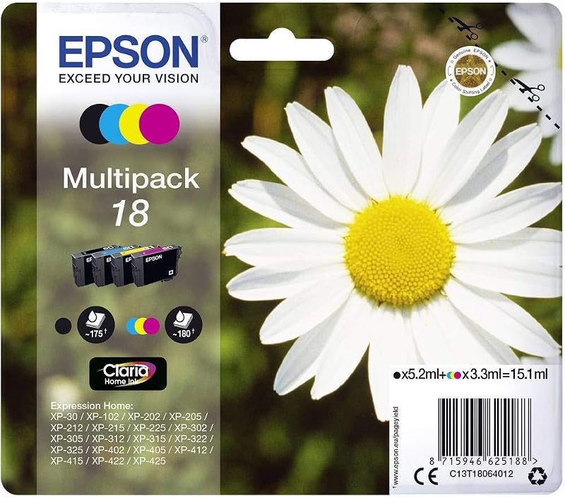 Epson T1806 Multipack Ink Cartridges Black Cyan Magenta Yellow Daisy 18 Series