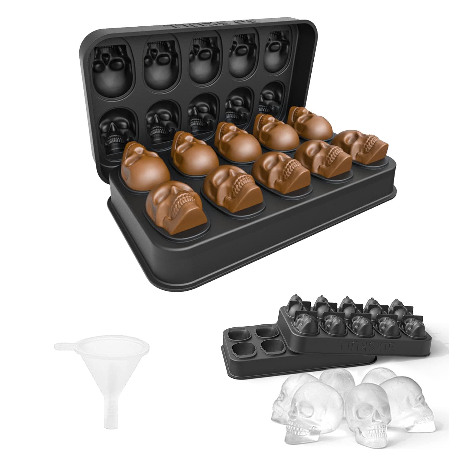 Skull Ice Cube Moulds with Mini Funnel, BPA Free Ice Mould Star Wars Ice Cube Moulds Makes 10 Skulls, 3D Skull Ice Cube Tray with Lid for for Whiskey, Cocktail Drinks