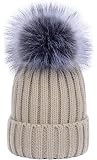 LOKTARCWomen's Ribbed Beanie Winter Knitted Bobble Hats with Faux Fur Pom Pom