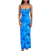 Milumia Women's Floral Backless Lace Up Spaghetti Strap Bodycon Maxi Dress Summer Cowl Neck Long Cami Dress