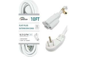 HONDERSON Flat Plug Indoor Extension Cord, UL Listed, 16 Gauge 10FT White 3 Prong Heavy Duty, 16/3 SJTW 13A Power Cord for Lights, Appliances, Home
