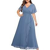 Talisea Plus Size Formal Dresses - Wedding Guest Bridesmaid Evening Prom Chiffon V Neck Ruffle Short Sleeves Long Dress Women