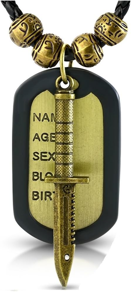 Fashion Alloy 2-Tone Pocket Knife Name Tag Charm Bali Beads Vintage Black Braided Leather Necklace