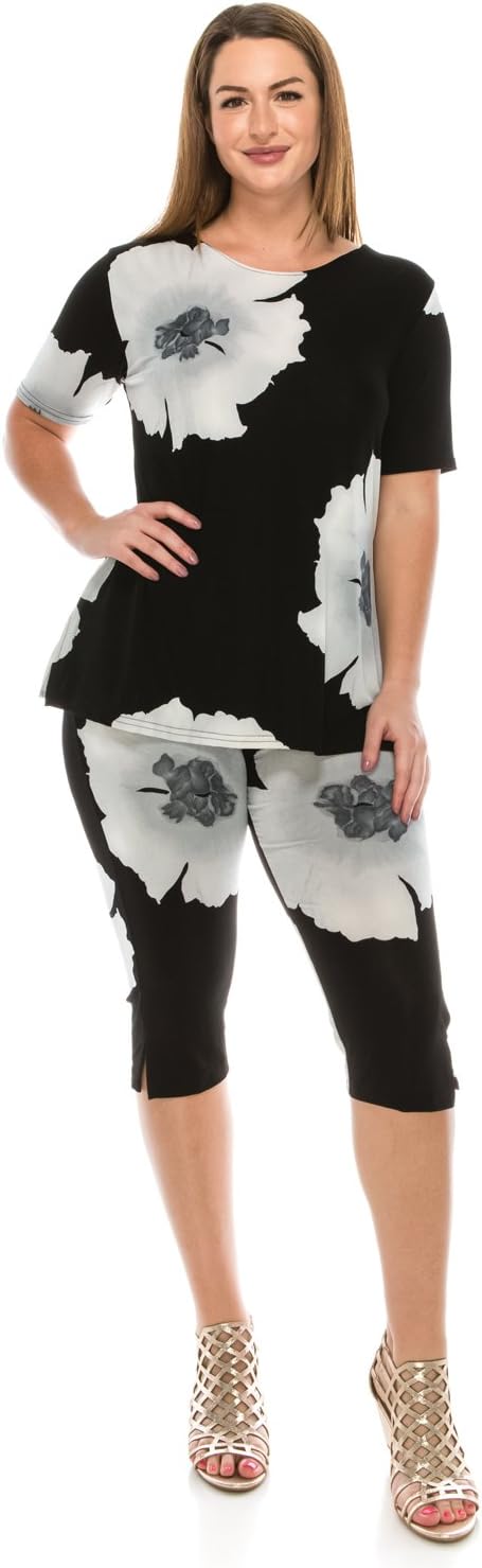 Jostar Women's Stretchy Capri Pant Set Short Sleeve Print