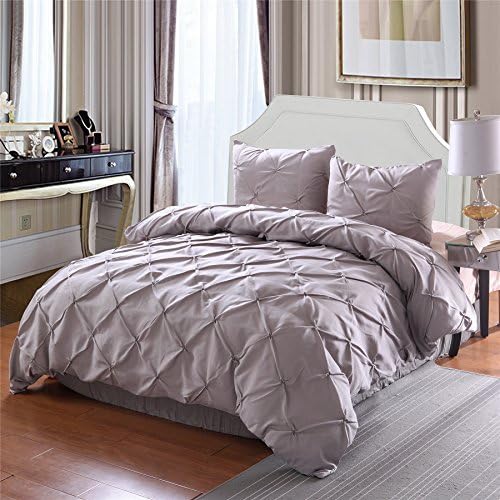 Meeting Story Microfiber Pinch Pleat Pintuck Duvet Cover Set, Bedding Set With Zipper (Queen 90-by-90-inch, Grey)